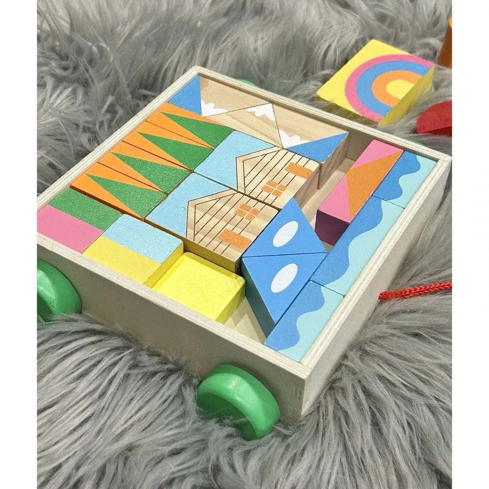 Learn & Play Wooden Building Blocks Colorful Pull‎ Toy on Wheels